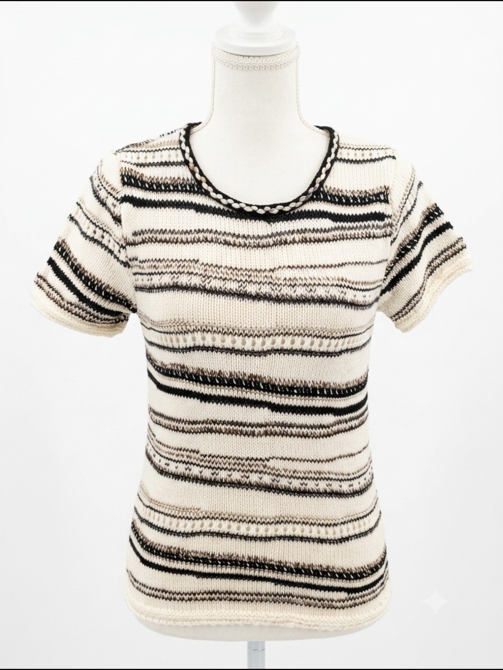 Nic + Zoe Neutral Striped Short-Sleeve Sweater Knit Top Small